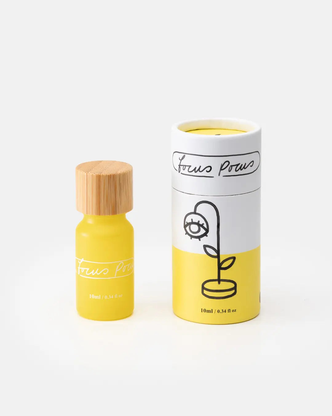 Gelbes natürliches Duftöl 10 ml mit Holzdeckel neben passender gelb weißer Rundverpackung mit gezeichneter Blume und Auge