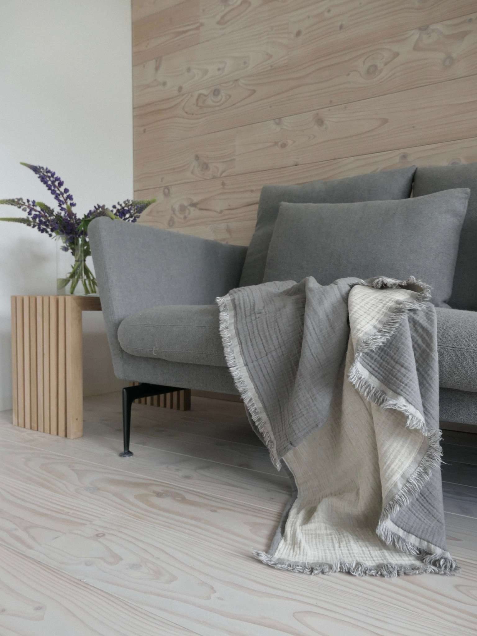 Couchdecke Wohnzimmer Musselin Hanffasern grau creme